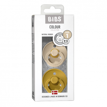 BIBS Colour Schnuller 2er-Pack, BPA-frei, Kirschform Nippel. Naturkautschuk / Latex, Größe 1 (0-6 Monate), Vanilla / Mustard