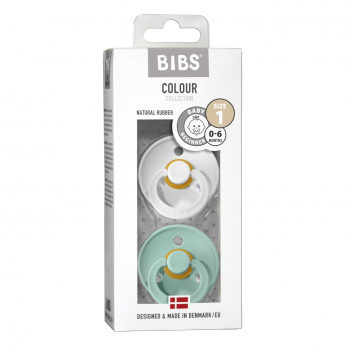BIBS Colour Schnuller 2er-Pack, BPA-frei, Kirschform Nippel. Naturkautschuk / Latex, Größe 1 (0-6 Monate), White / Mint