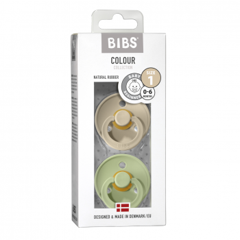 BIBS Colour Schnuller 2er-Pack, BPA-frei, Kirschform Nippel. Naturkautschuk / Latex, Größe 1 (0-6 Monate), Sand / Pistachio