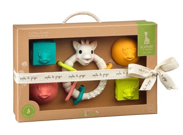 SoPure Geschenkset Beißring Colorings / 2 Bälle u. 2 Würfel / Naturkautschuk