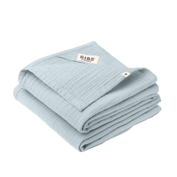 Bibs Muslin Cloth Mulltücher 2-Pack, weiches Spielzeug zur Beruhigung, Babynuckel, Schmusetuch. 100% Bio-Baumwolle, 70x70 cm, Baby Blue