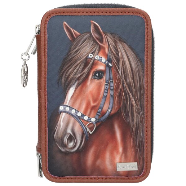 Depesche 13688 Miss Melody Luxury Horse - Gefüllte 3-Fach Federtasche in Dunkelblau und Braun, mit Pferde Motiv und Glitzersteinen, Federmappe mit Buntstiften, Schere, Lineal UVM.