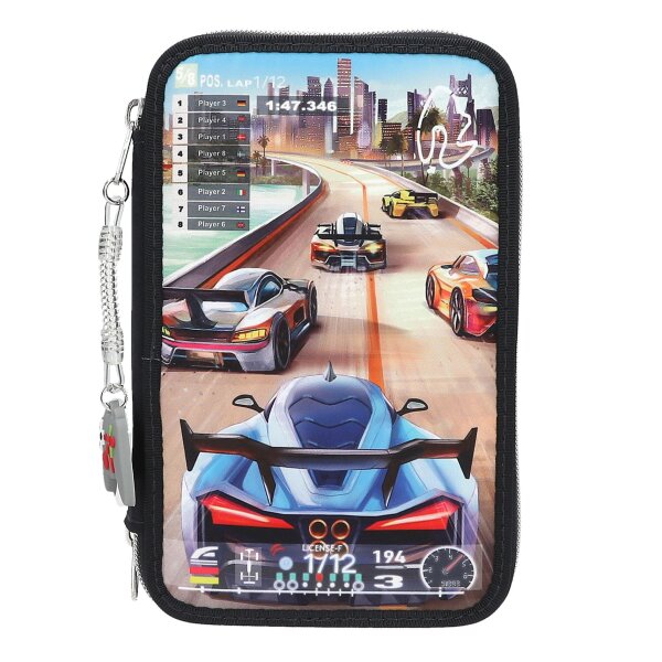 Depesche 13712 Action World Gaming - Gefüllte 3-Fach Federtasche in Dunkelblau, mit Motiv eines Auto-Rennspiels und Skyline, Federmappe mit Buntstiften, Schere, Lineal UVM.