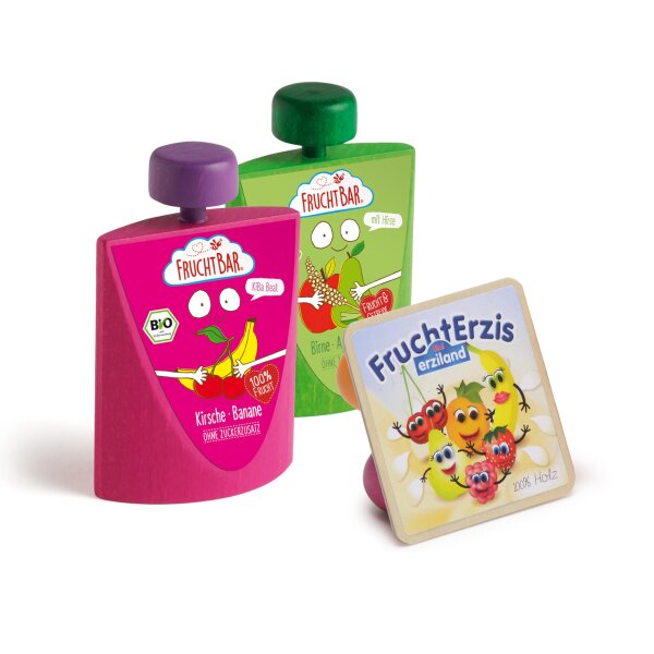 Erzi 03092 Kaufladenartikel für Kinder aus Holz, Set FruchtErzis und Quetschie Birne und KiBa von Fruchtbar, Rollenspiele