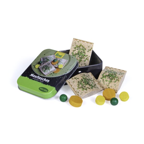 Erzi 17185 Maultaschen aus Holz in der Dose, Kaufladenartikel für Kinder, Rollenspiele.
