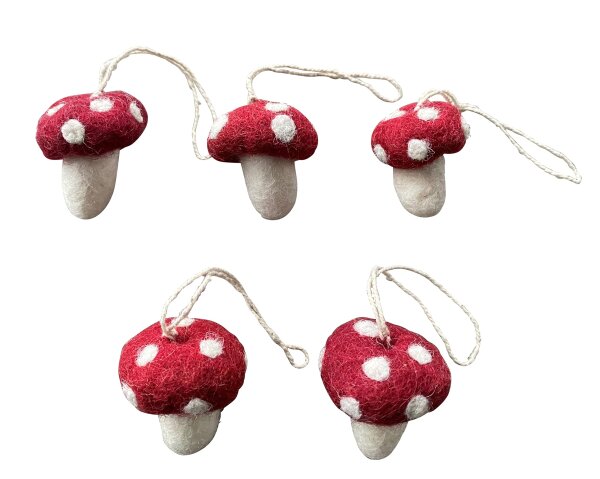 Gry & SIF Pilze Glückspilze (5er Set), Herbst Deko Filz, Hand-Made, fair-Trade zum Aufhängen (Fliegenpilze)