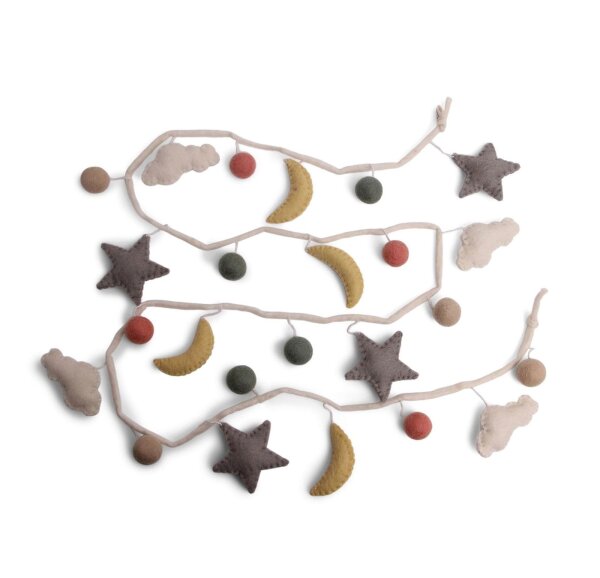 Handmade & Fairtrade Certified | Gry & Sif | Stylish Danish Design X Artisans from Nepal | Girlande mit Sternen und Monden aus Filz für Kinderzimmer | 1,8m