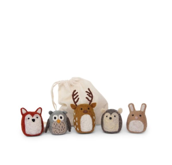 Gry & Sif Filz-Tiere, Deko-Figuren zum Hinstellen, Tier-Anhänger, Paten-Geschenk, Kinderzimmer-Deko, Handmade, Fairtrade | Wald-Tiere, 5er Set