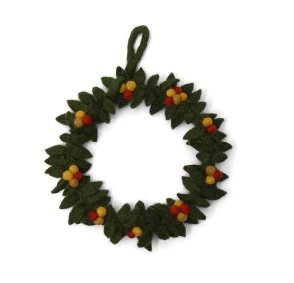 Gry & SIF Türkranz I Hand-Made & fair-Trade Kranz aus Filz, skandinavische Deko für Herbst Winter Weihnachten I grüner Herbstkranz mit bunten Beeren ?19cm