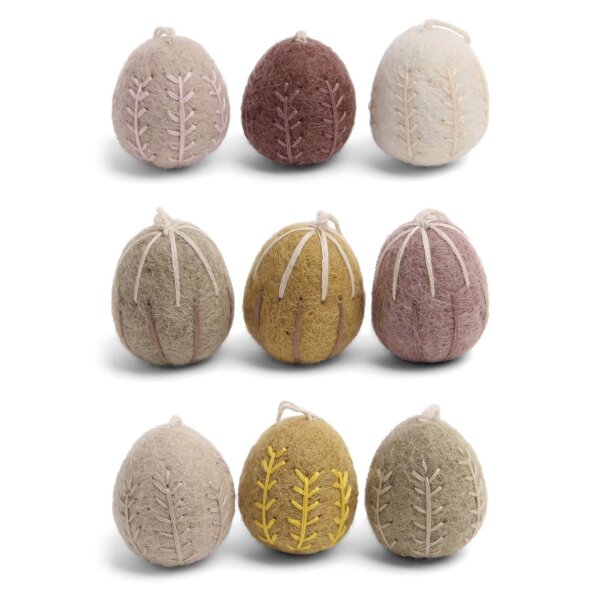Gry & Sif bestickte Osteranhänger, Ostern, Filzeier, Osterdeko aus Filz, Handmade, Fairtrade, Scandi | bestickte Ostereier in Erdtönen, 4 cm, 9er Set