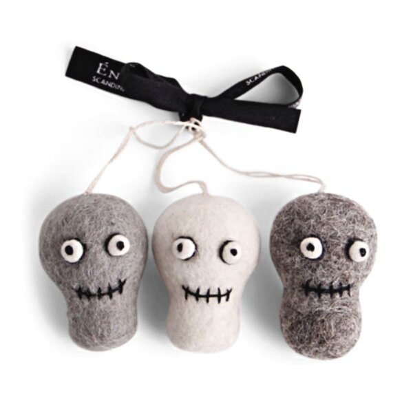 Gry & SIF handgemachte Totenkopf-Anhänger aus Filz | Halloween Deko Innen zum Aufhängen, Herbstdeko, Hängedeko Halloween, Halloweenanhänger | Totenköpfe 3er Set