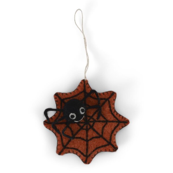 Gry & Sif Filzanhänger Spinnennetz mit Spinne – Handmade Halloween Deko aus Filz – Fairtrade – 8x8 cm – Herbstdeko zum Aufhängen – Spinne Dekoanhänger – Kinderfreundlich & nachhaltig (orange)