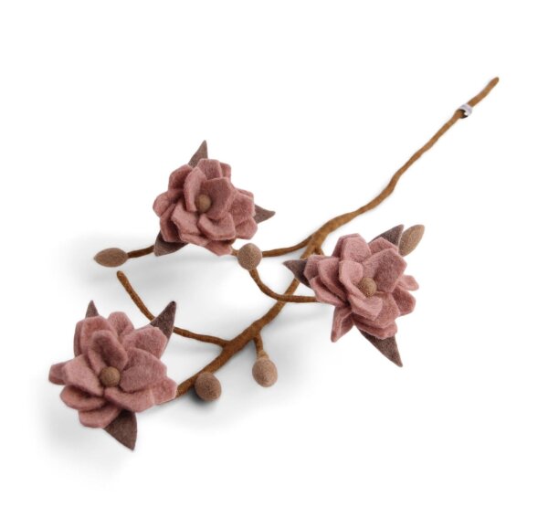 Gry & SIF Deko-Zweig Magnolie für Vase im Scandi-Stil I Natur-Filz, Hand-Made, fair-Trade I braun mit rosé farbenen Blüten - 1x - 60cm