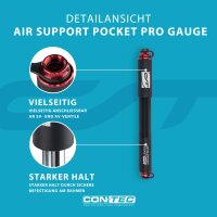 CONTEC Fahrrad-Minipumpe Air Support Pocket Pro Gauge, Aluminium, Für AV/SV Ventile, Bis 8,3 bar, Robust, Kompakt, Integriertes Manometer, Schwarz
