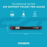 CONTEC Fahrrad-Minipumpe Air Support Pocket Pro Gauge, Aluminium, Für AV/SV Ventile, Bis 8,3 bar, Robust, Kompakt, Integriertes Manometer, Schwarz