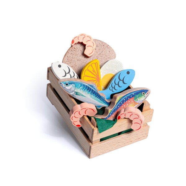 Erzi 28233 Sortiment Fisch, klein aus Holz, Kaufladenartikel für Kinder, Rollenspiele
