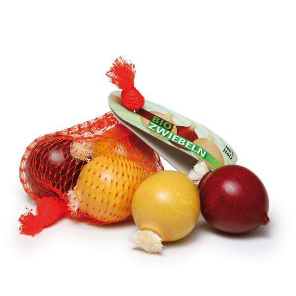 Erzi 12044 Zwiebeln im Netz aus Holz, Kaufladenartikel für Kinder, Rollenspiele