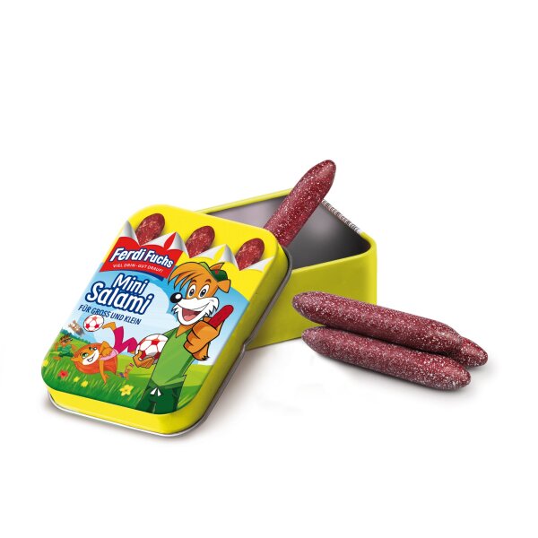 Erzi 15151 Ferdi Fuchs Minisalami aus Holz in der Dose, Kaufladenartikel für Kinder, Rollenspiele