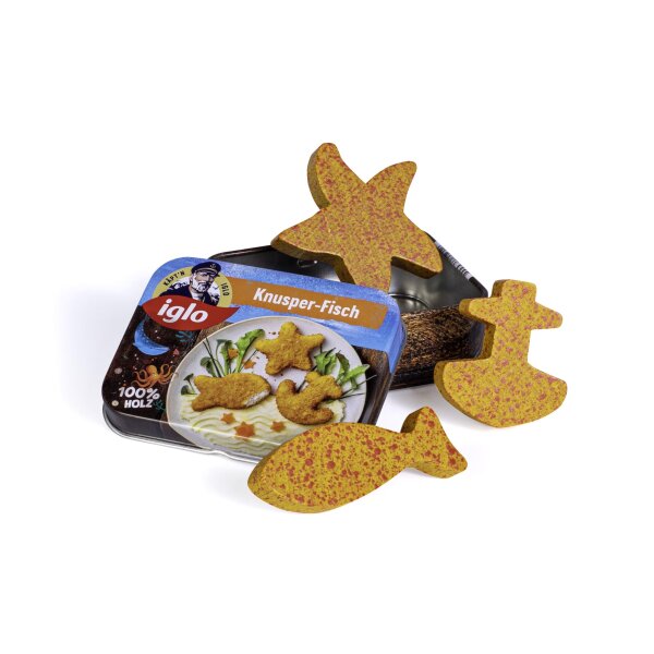 Erzi 18455 Knusperfisch von Iglo aus Holz in der Dose, Kaufladenartikel für Kinder, Rollenspiele.