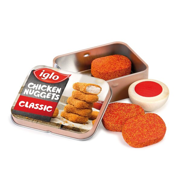 Erzi 15160 Chicken Nuggets von Iglo aus Holz in der Dose, Kaufladenartikel für Kinder, Rollenspiele